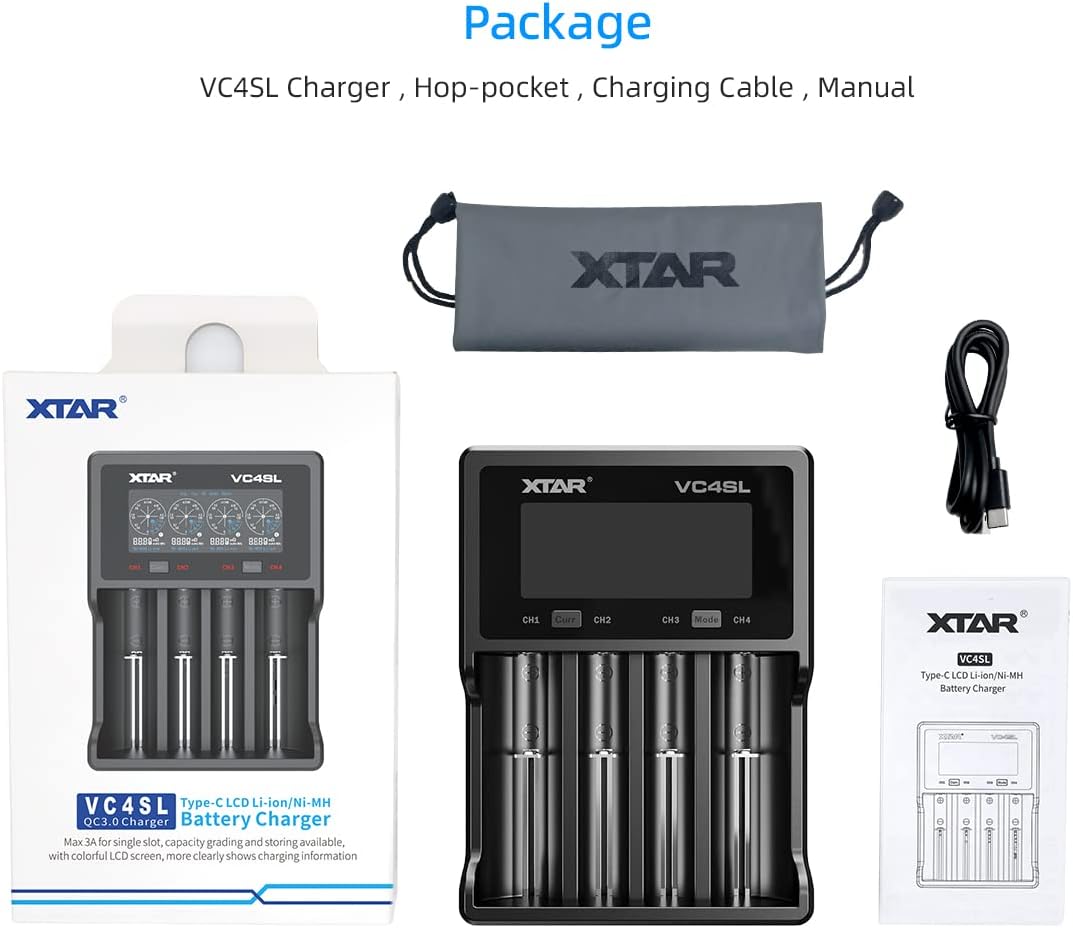 XTAR VC4SL versión de actualización VC4S Cargador de batería recargable inteligente tipo C 4 bahías Cargador rápido 18650 con LCD para batería de