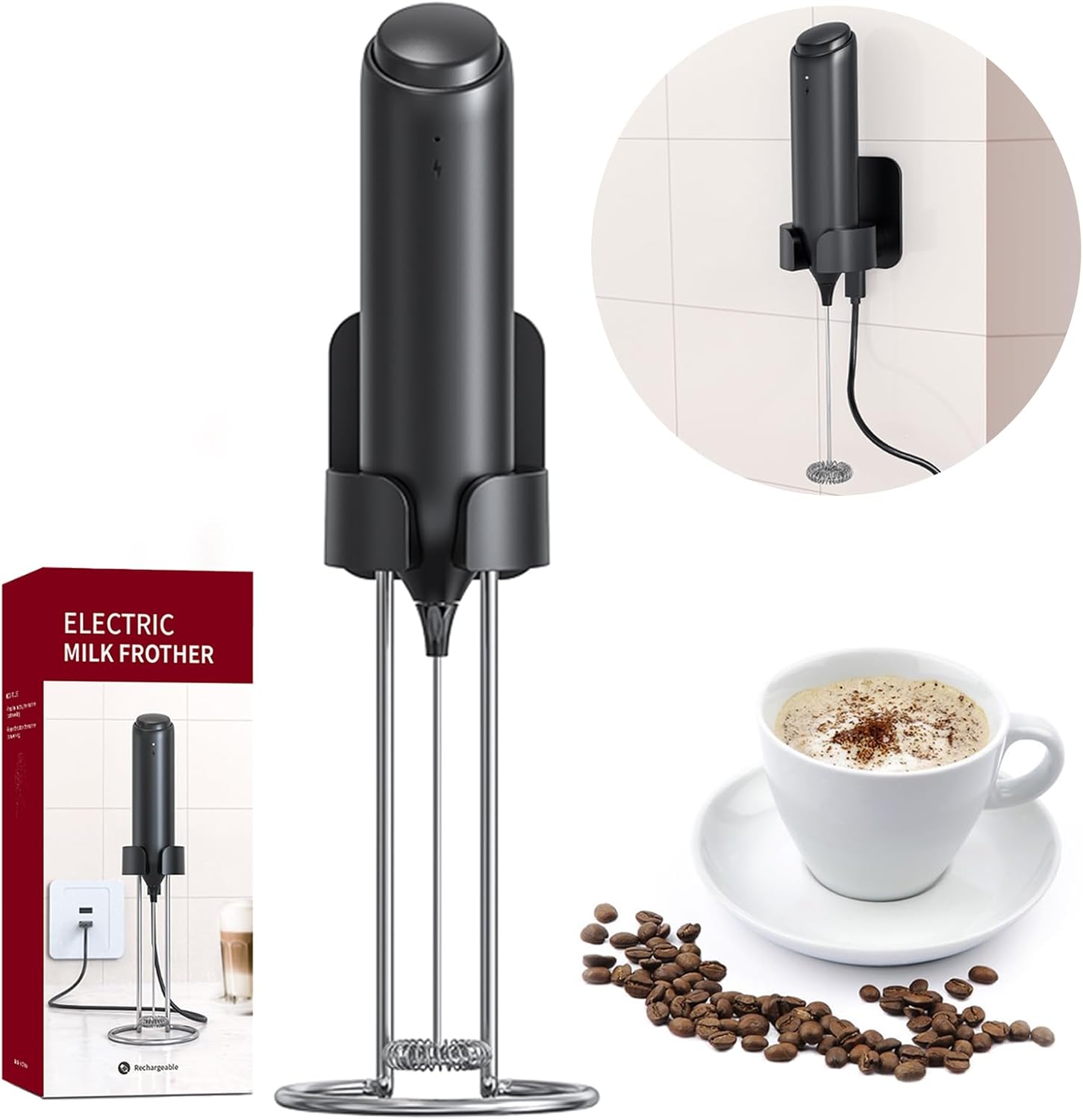 Espumador de leche de mano, espumador de leche recargable montado en la pared, espumador de leche eléctrico de mano para latte, matcha, proteína en