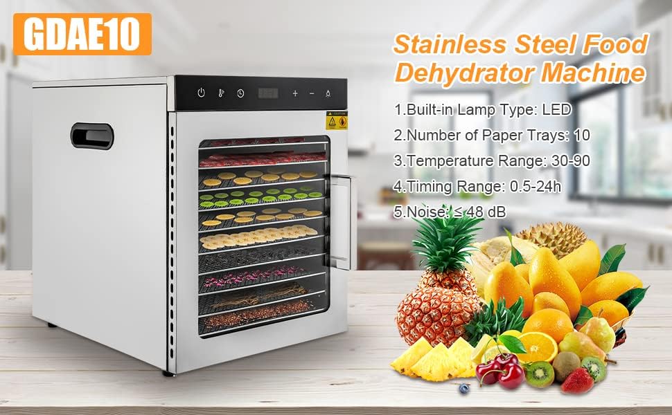 Deshidratador de alimentos para carne seca, 10 bandejas de acero inoxidable, máquina deshidratadora de alimentos para alimentos, hierbas, verduras,