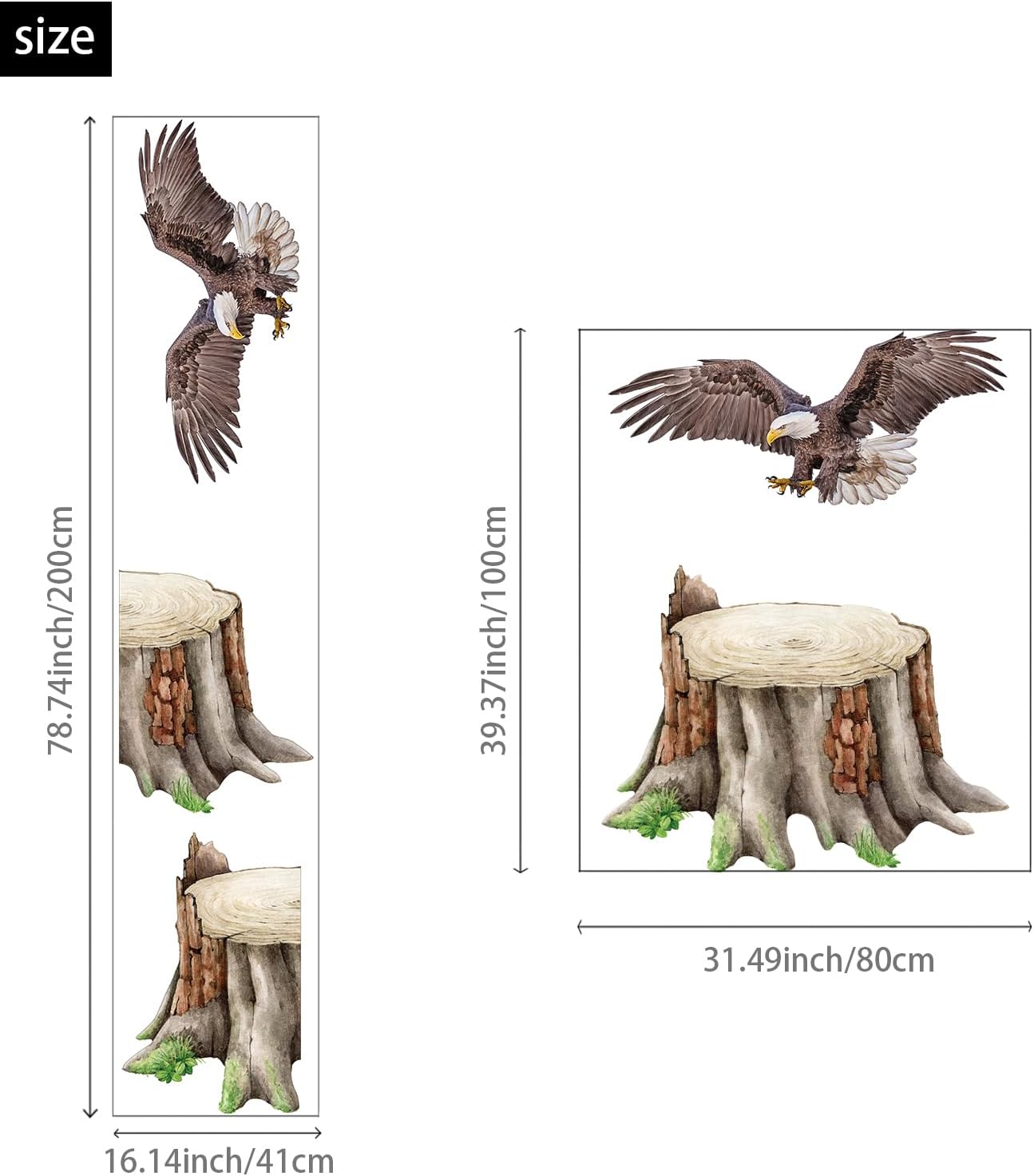 astrkiz Calcomanías de pared grandes de tocón de árbol de bosque, vinilo texturizado realista de águila calva, decoración de pared de tocón de árbol
