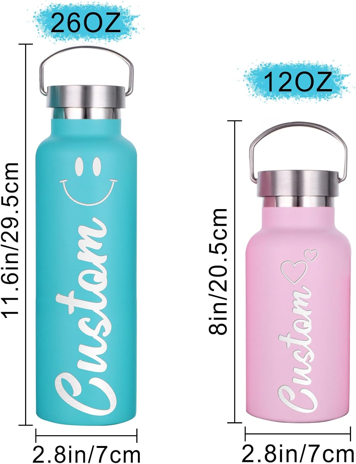 Botellas de agua personalizadas de 12 onzas, botella de agua de acero inoxidable personalizada con tapa con pajilla, botellas de doble pared