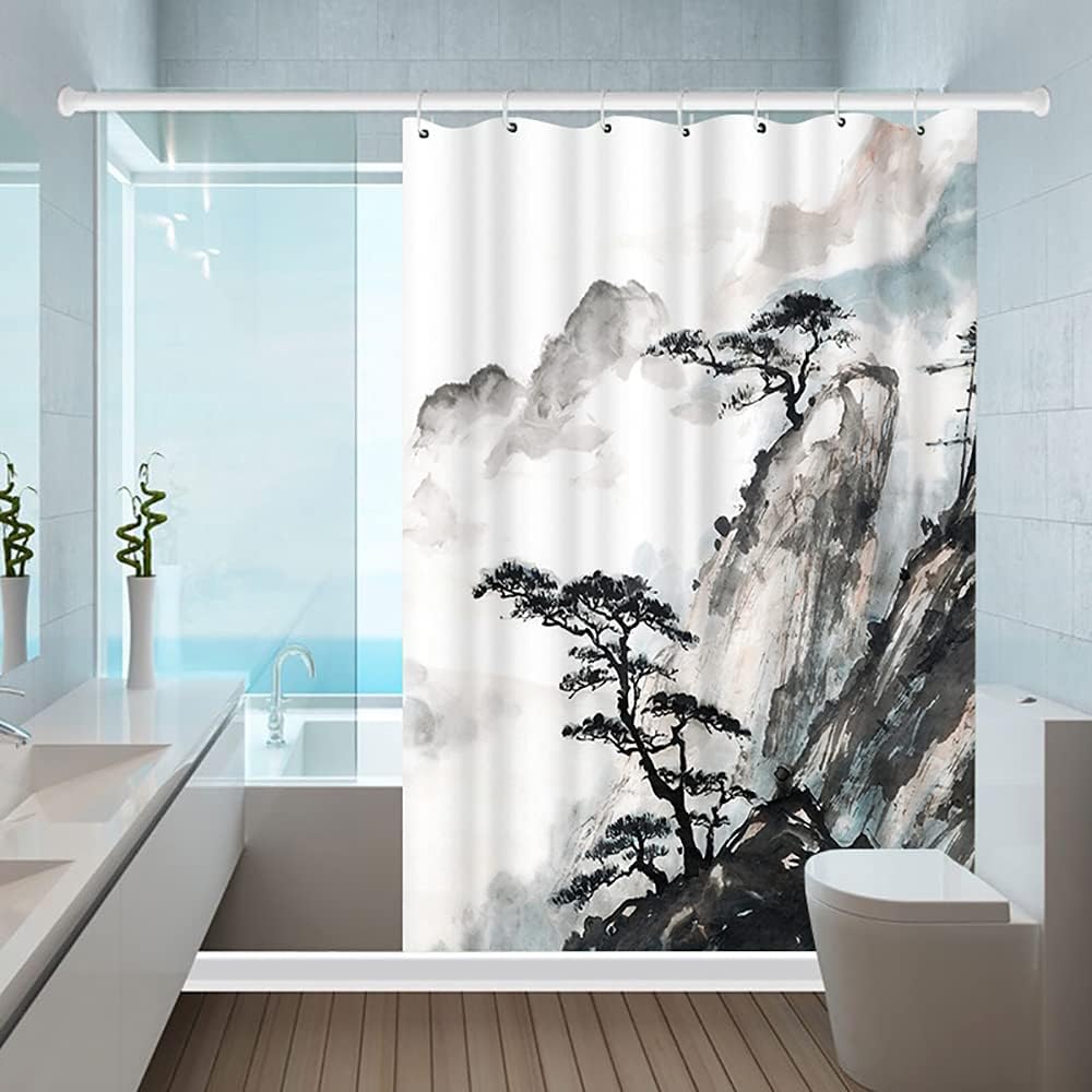 Wallall Cortina de baño con pico de montaña y pino, cortina de baño de paisaje natural, cortina de baño china tradicional con acuarela, juego de