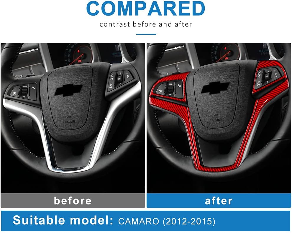 AIRSPEED Adhesivo de botón para volante de automóvil, de fibra de carbono, compatible con accesorios Chevrolet Camaro 2012-2015 (rojo)