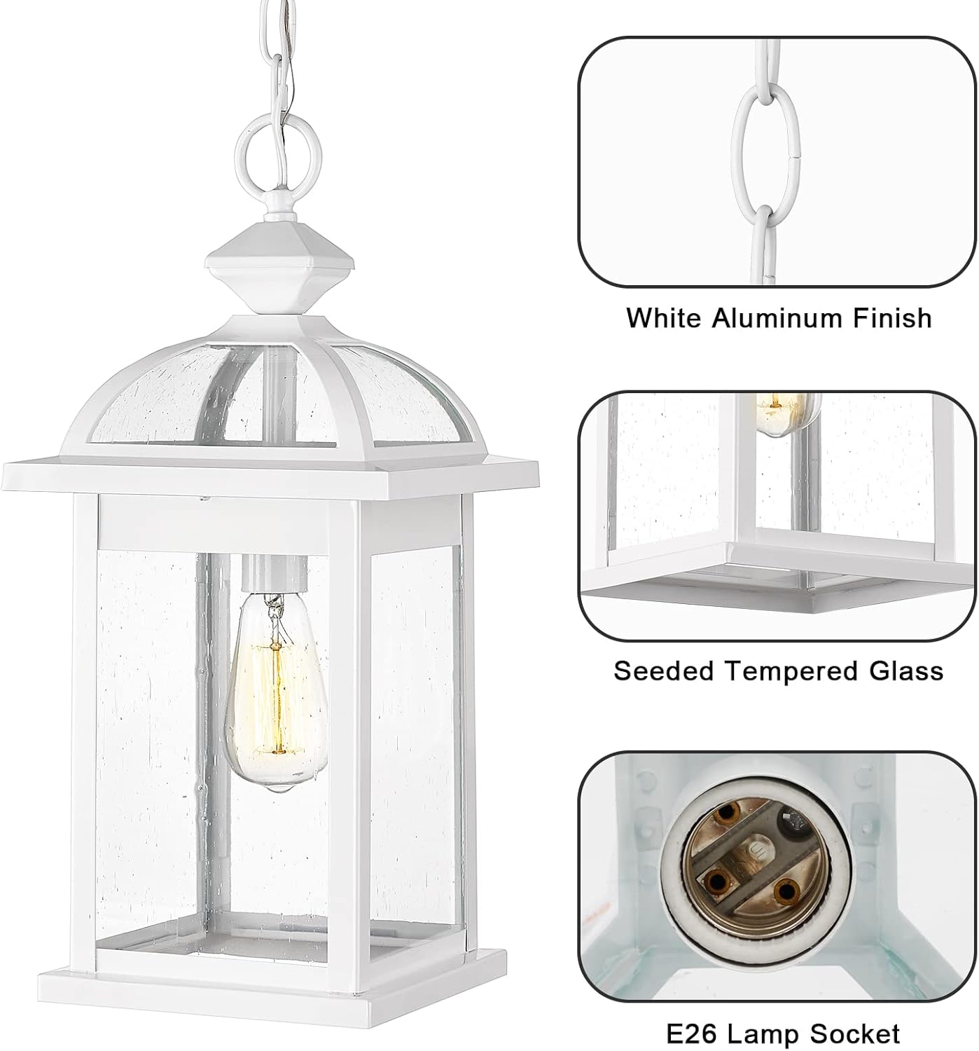 Darkaway Farol colgante para exteriores, grande de 20 pulgadas con luces colgantes de aluminio de vidrio para exteriores, para porche, patio,