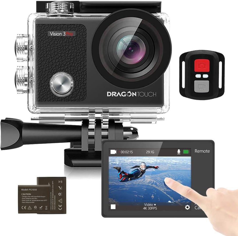 Dragon Touch Cámara de acción HD subacuática 4K, pantalla táctil Vision 3 Pro, 20MP 100 pies, impermeable, ángulo de visión ajustable, videocámara
