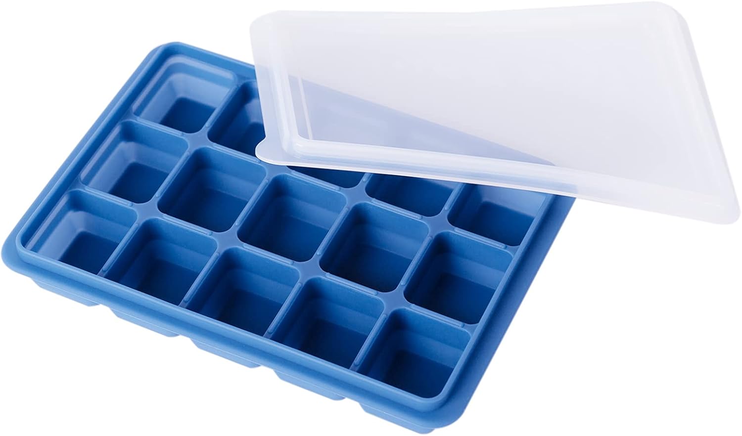 FUN LAVIE Bandejas para cubitos de hielo con tapas, juego de 2 moldes de silicona azul, duraderos, fáciles de liberar y sin BPA