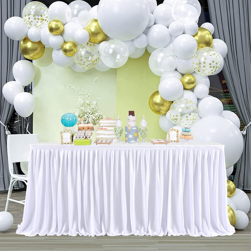 Falda de mesa blanca de 8 pies para decoración rectangular o redonda para fiesta de cumpleaños, baby shower, boda, bufé, banquete, decoración de