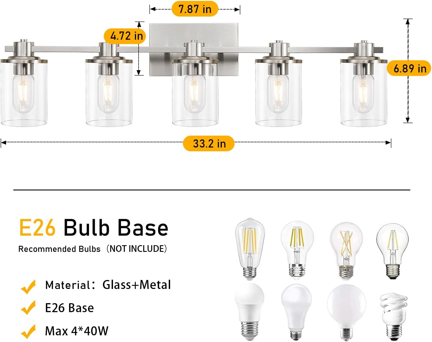 DUJAHMLAND Lámpara de baño, 5 luces de níquel cepillado sobre espejo, luz de tocador con pantalla de vidrio transparente, iluminación de tocador de