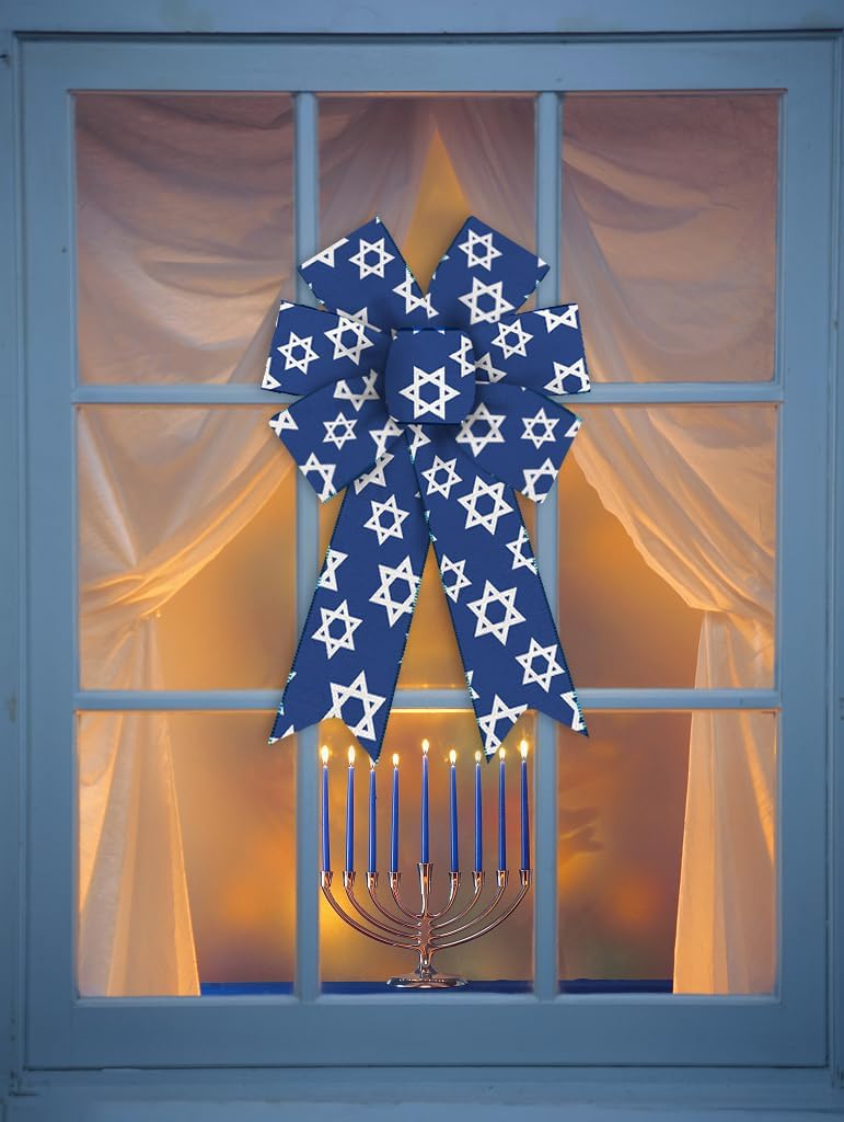 2 lazos de Hanukkah para corona, lazos de corona azul de Navidad judía, lazos rústicos de granja para puerta delantera, adornos de pared de la