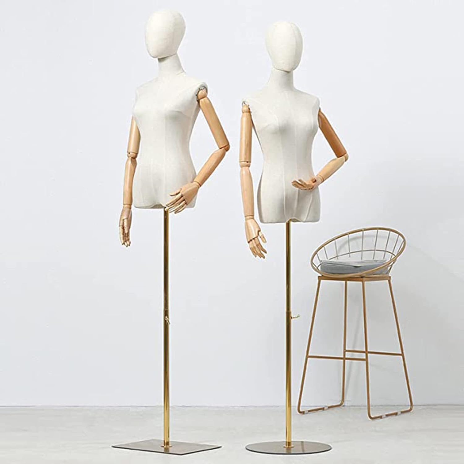 Vestido de maniquí femenino con forma de torso, cuerpo de maniquí de exhibición con cabeza desmontable, manos de madera y soporte dorado de altura
