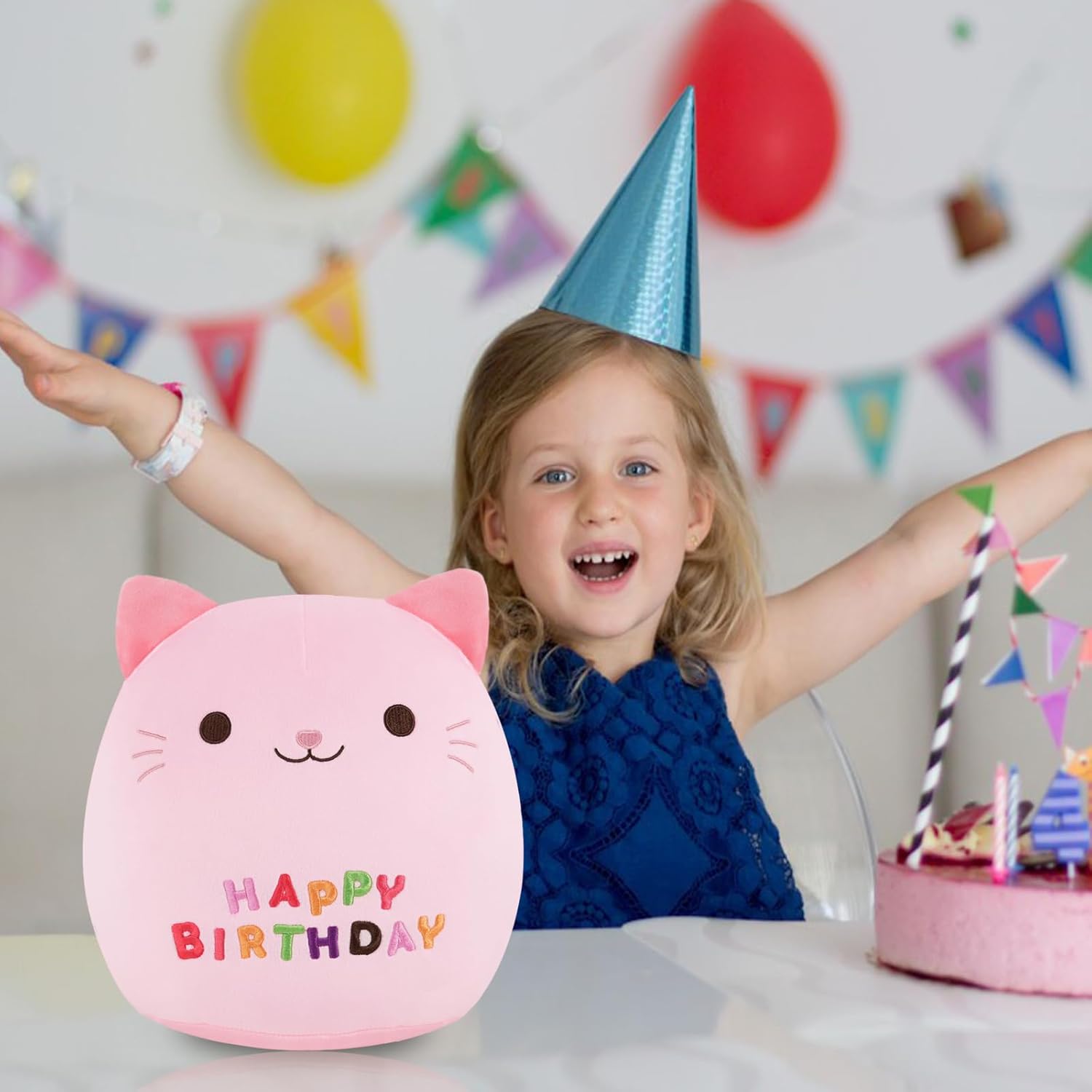 Almohada de felpa de cumpleaños de gato de 9 pulgadas, lindo juguete de peluche de cumpleaños de gato rosa, decoración de fiesta de cumpleaños,