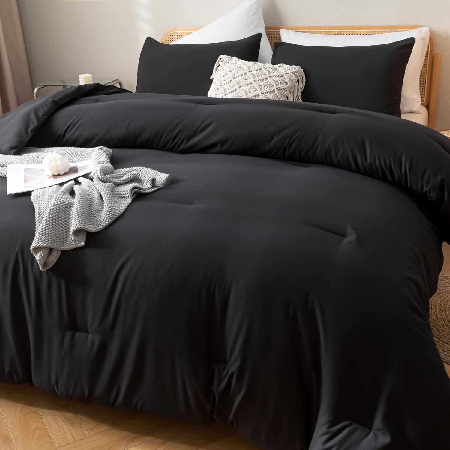 ROSGONIA Juego de edredón tamaño California King, color negro, 3 piezas (1 edredón bohemio Cal King y 2 fundas de almohada), ropa de cama para todas