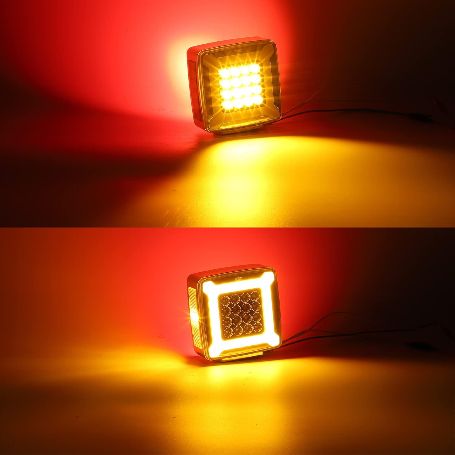 Partsam Par de doble cara cuadrada pedestal guardabarros luces intermitentes Halo Glow Triple Stud, ámbar  rojo cuadrado 47 LED marcador de parada