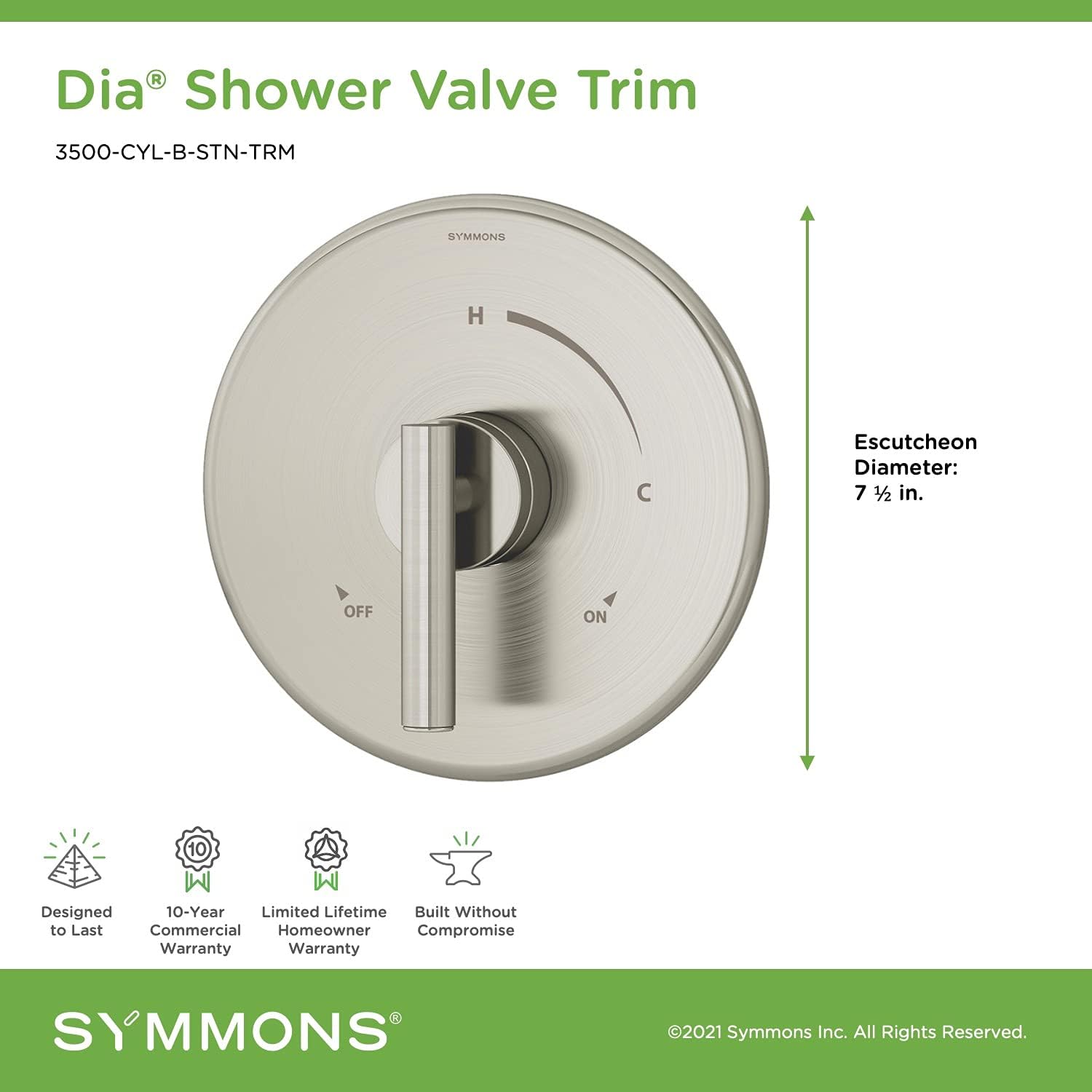 Symmons 3500-CYL-B-STN-TRM – Válvula de ducha de diámetro en níquel satinado (válvula no incluida)