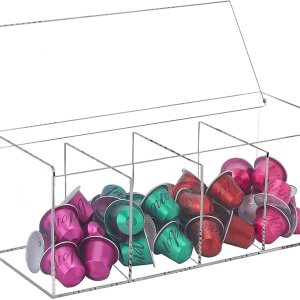 Varku Soporte acrílico para cápsulas de café, organizador de cápsulas de café de 4 compartimentos con tapa, estuche de almacenamiento transparente Varku Soporte acrílico para cápsulas de café, organizador de cápsulas de café de 4 compartimentos con tapa, estuche de almacenamiento transparente