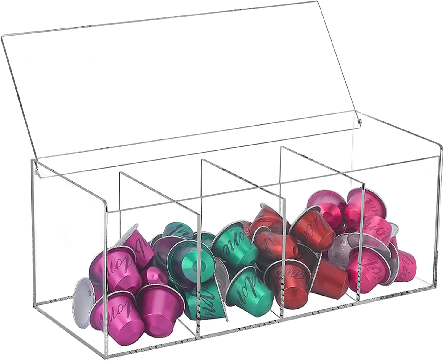 Varku Soporte acrílico para cápsulas de café, organizador de cápsulas de café de 4 compartimentos con tapa, estuche de almacenamiento transparente