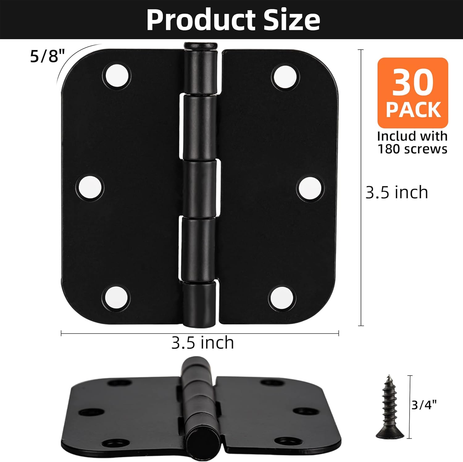 Weeylif Bisagras de puerta de color negro mate, paquete de 18, bisagras redondeadas negras de 3.5 x 3.5 pulgadas, bisagras negras redondeadas de