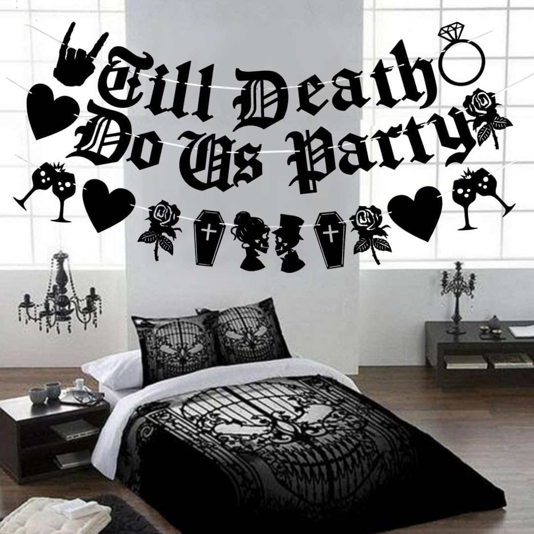 Cartel de fiesta Black Till Death Do Us, cartel de fiesta en inglés antiguo, pancarta de fiesta de boda de Halloween, boda, despedida de soltera,