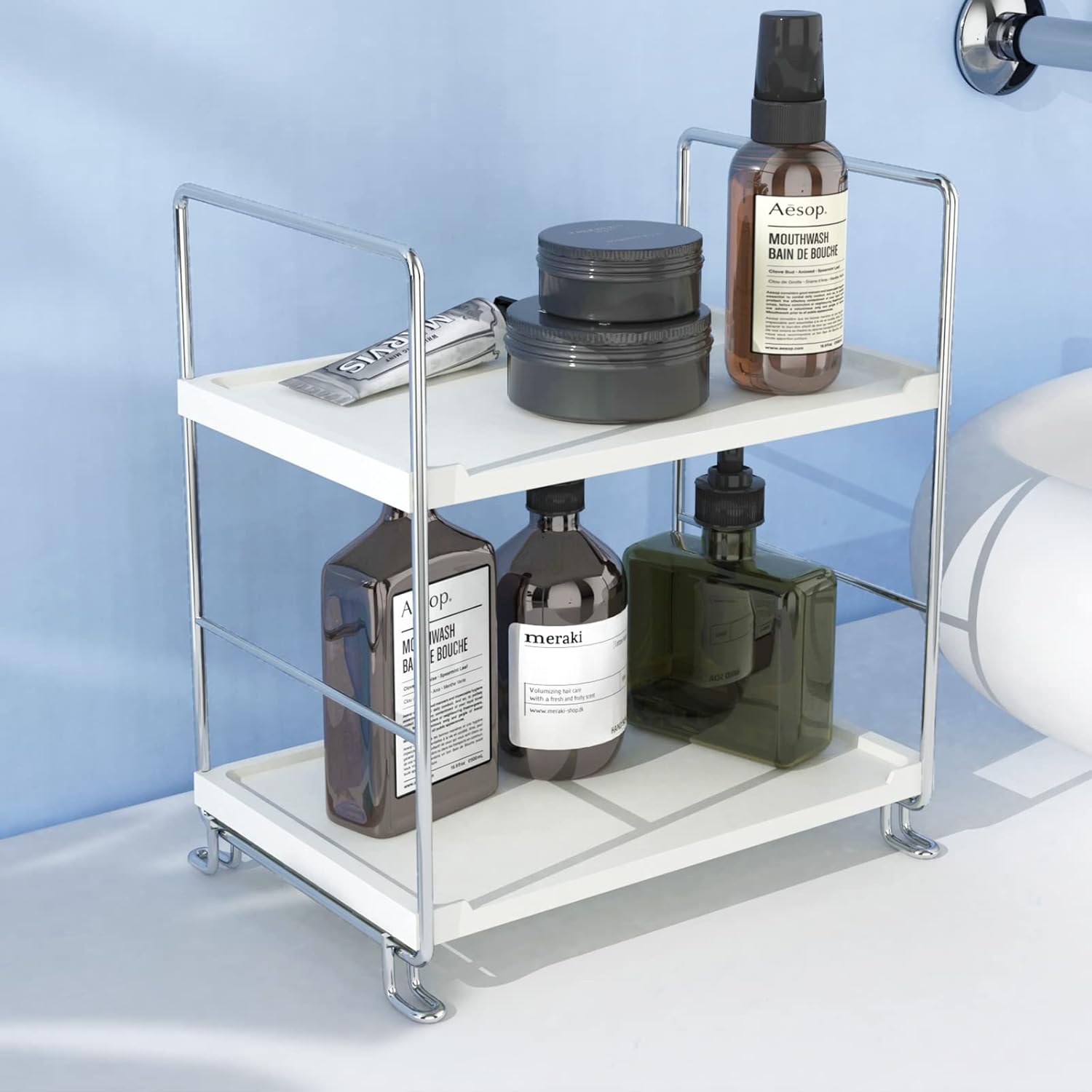 Organizador esquinero de 2 niveles para mostrador de baño, almacenamiento de perfume de maquillaje premium, bandeja de baño de pie o estante de