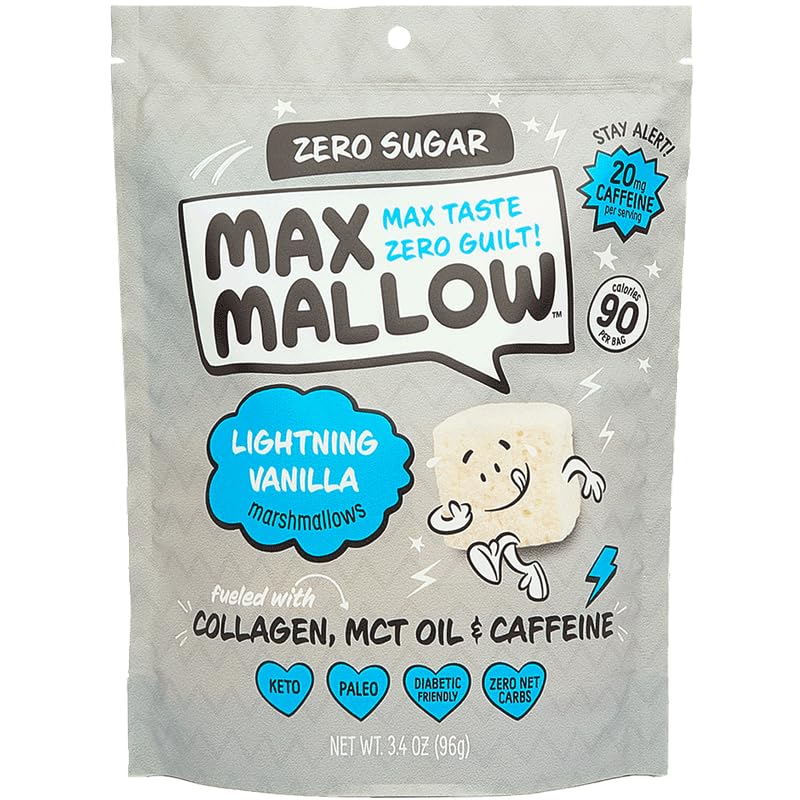 Know Brainer Max Mallow Lightning Vanilla – Malvavisco sin culpa y sin azúcar, bajo en carbohidratos, sin gluten y cetogénico, malvavisco alimentado