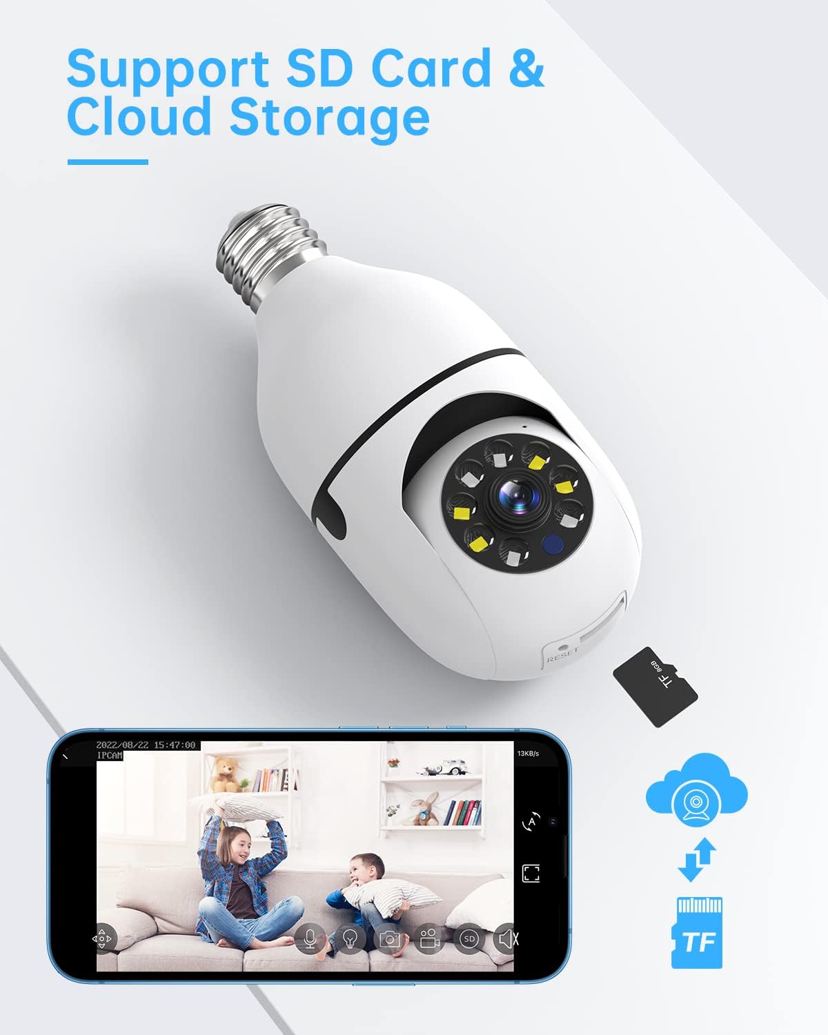SAFEVANT Bombilla de cámara de seguridad WiFi para exteriores, 1080P inteligente de 360 grados con rosca de 360 grados con audio bidireccional a