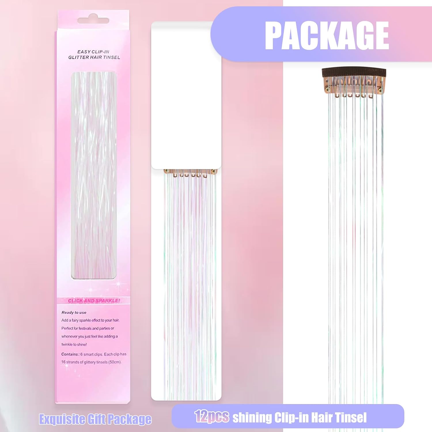 Kit de oropel de cabello con clip, 12 piezas, extensiones de cabello de 20 pulgadas, resistente al calor, kit de oropel de cabello de hadas, clip de