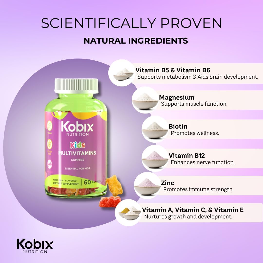 Kobix – Gomitas multivitamínicas para niños, vitaminas para niños, Kosher sin OMG, veganas, sin gluten, 60 gomitas esenciales para niños