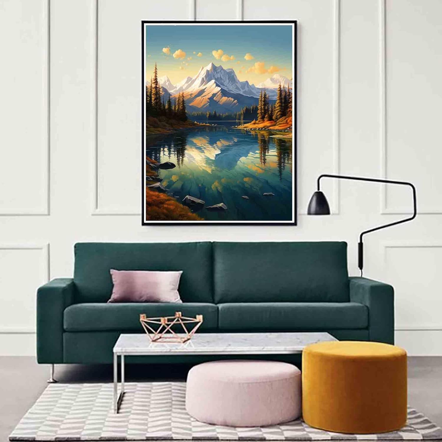 Zariocy Kits de pintura de diamantes 5D Mountain Lake, pintura de bricolaje con árbol de arte de diamante, paisaje redondo de taladro completo,
