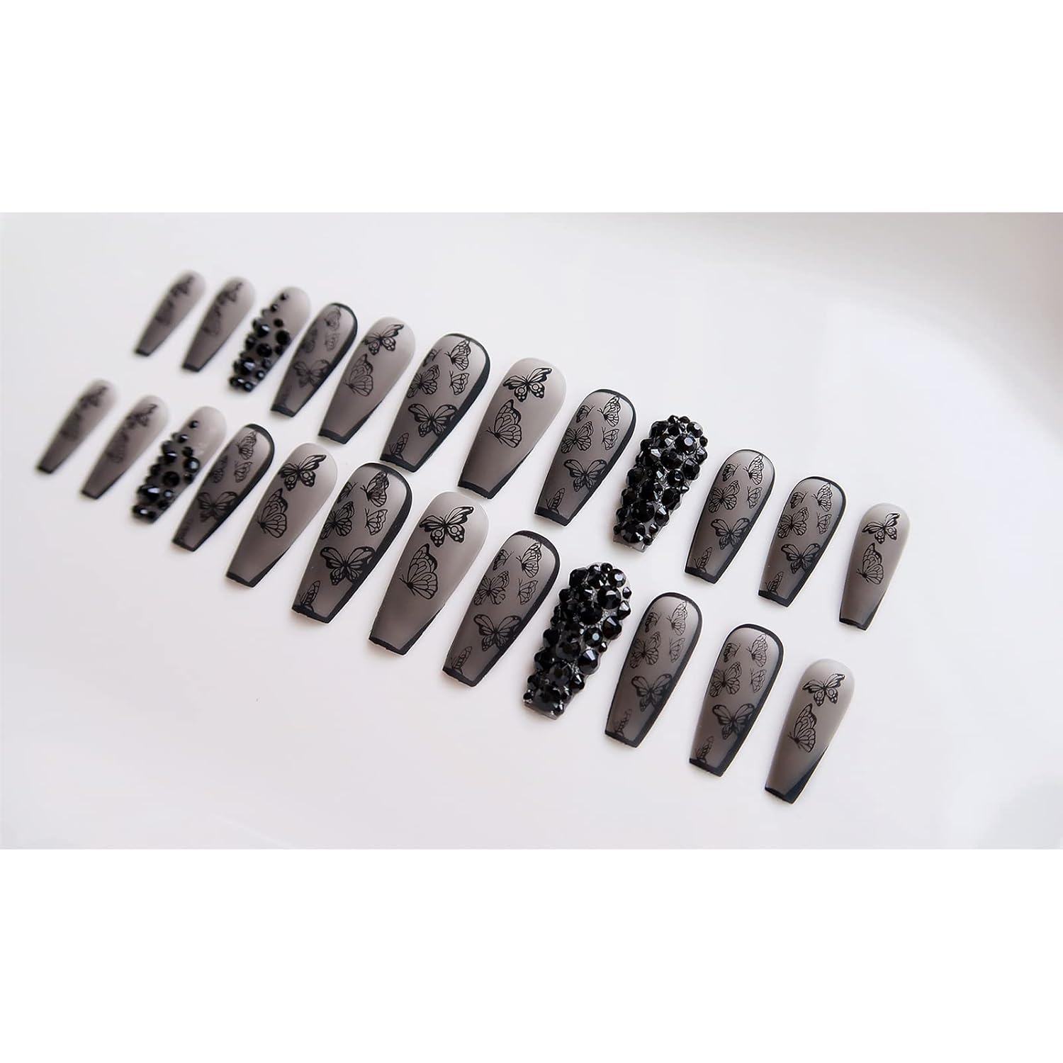 VOTACOS Uñas postizas largas a presión, uñas postizas negras con diamantes de imitación 3D, diseño de mariposa, mate, cobertura completa, uñas