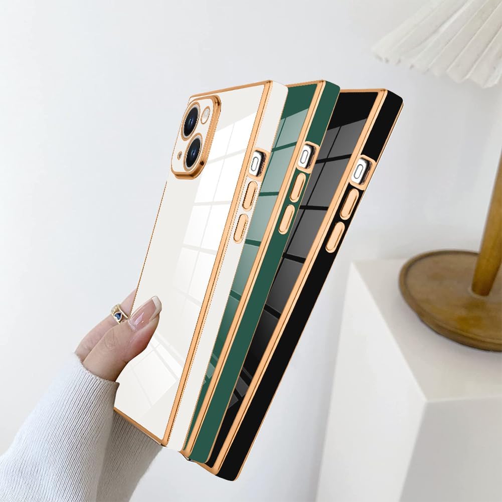SAKUULO Funda de teléfono para iPhone 15 Plus, bonita funda cuadrada dorada chapada en oro para mujeres y niñas, TPU suave, a prueba de golpes,