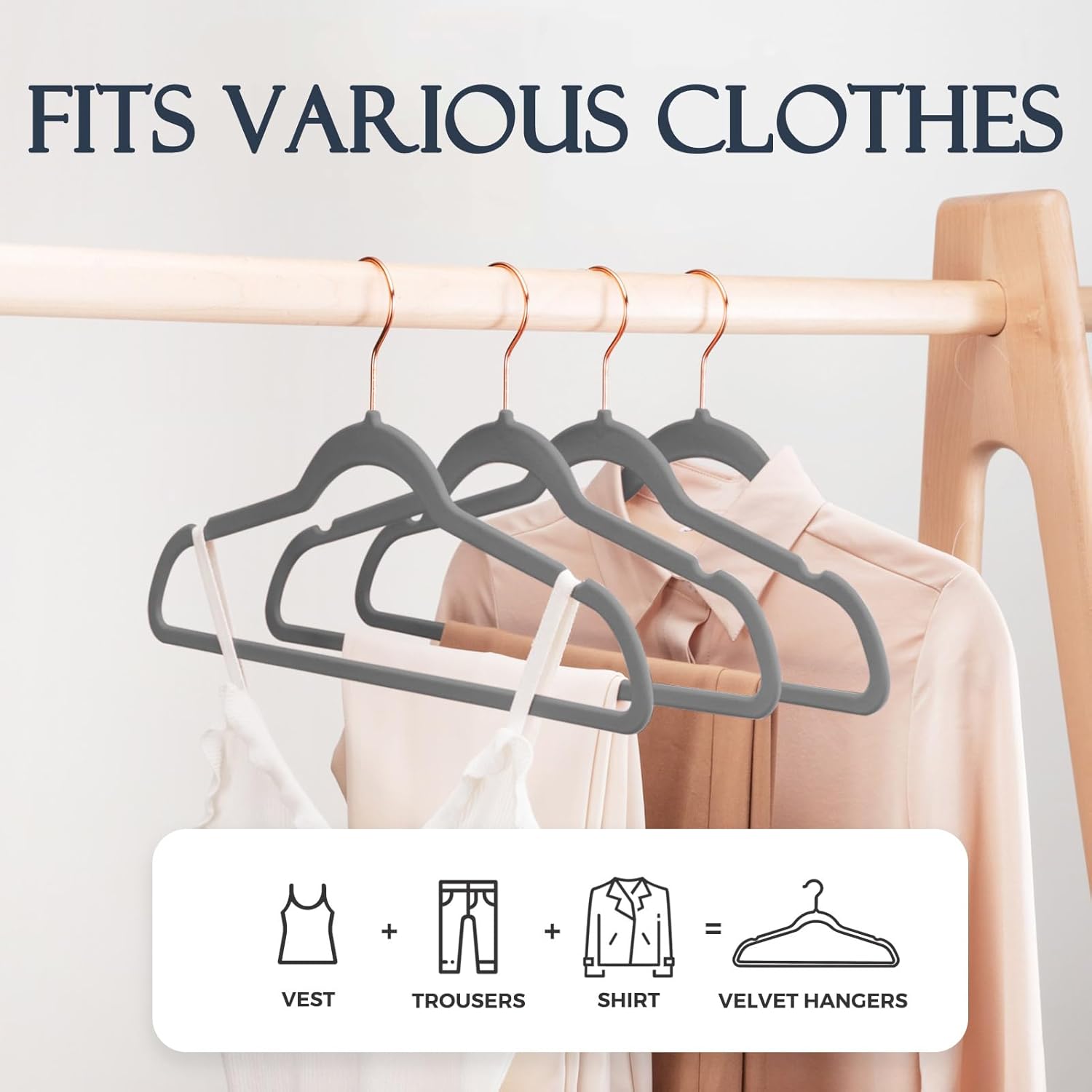 HOUSE DAY Perchas de terciopelo gris, paquete de 60 perchas de ropa de alta calidad, perchas de fieltro antideslizantes, perchas grises resistentes,