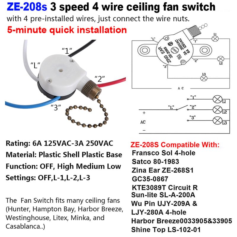 ZE-208S – Interruptor de cadena para ventilador de techo, ZE-208S 3 velocidades 4 cables interruptor de luz de ventilador con 4 cables preinstalados