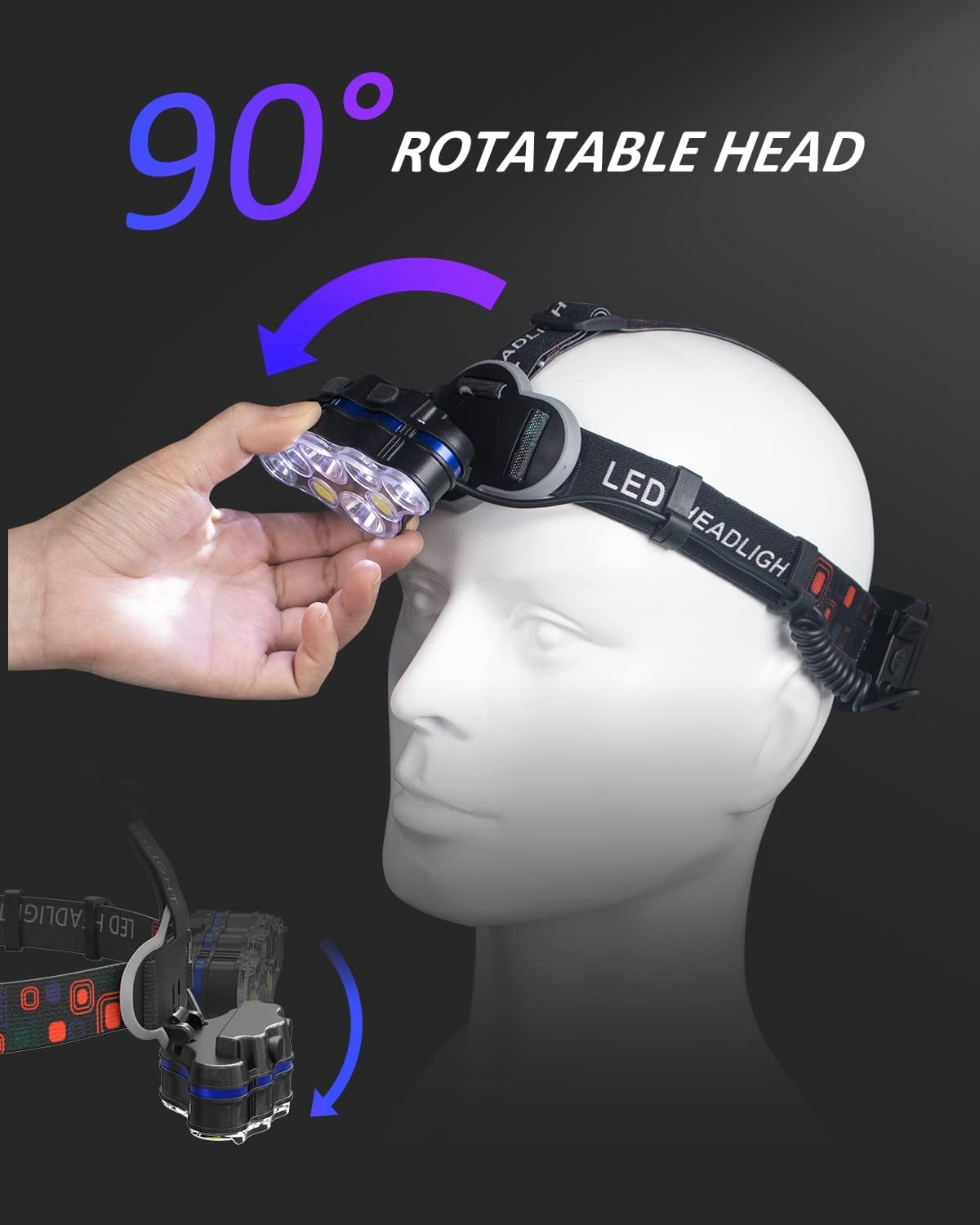 Pluralla Linterna frontal LED, 8 LED de 18000 lúmenes altos recargables con luz roja, luz de cabeza USB ligera, 8 modos de linterna impermeable para