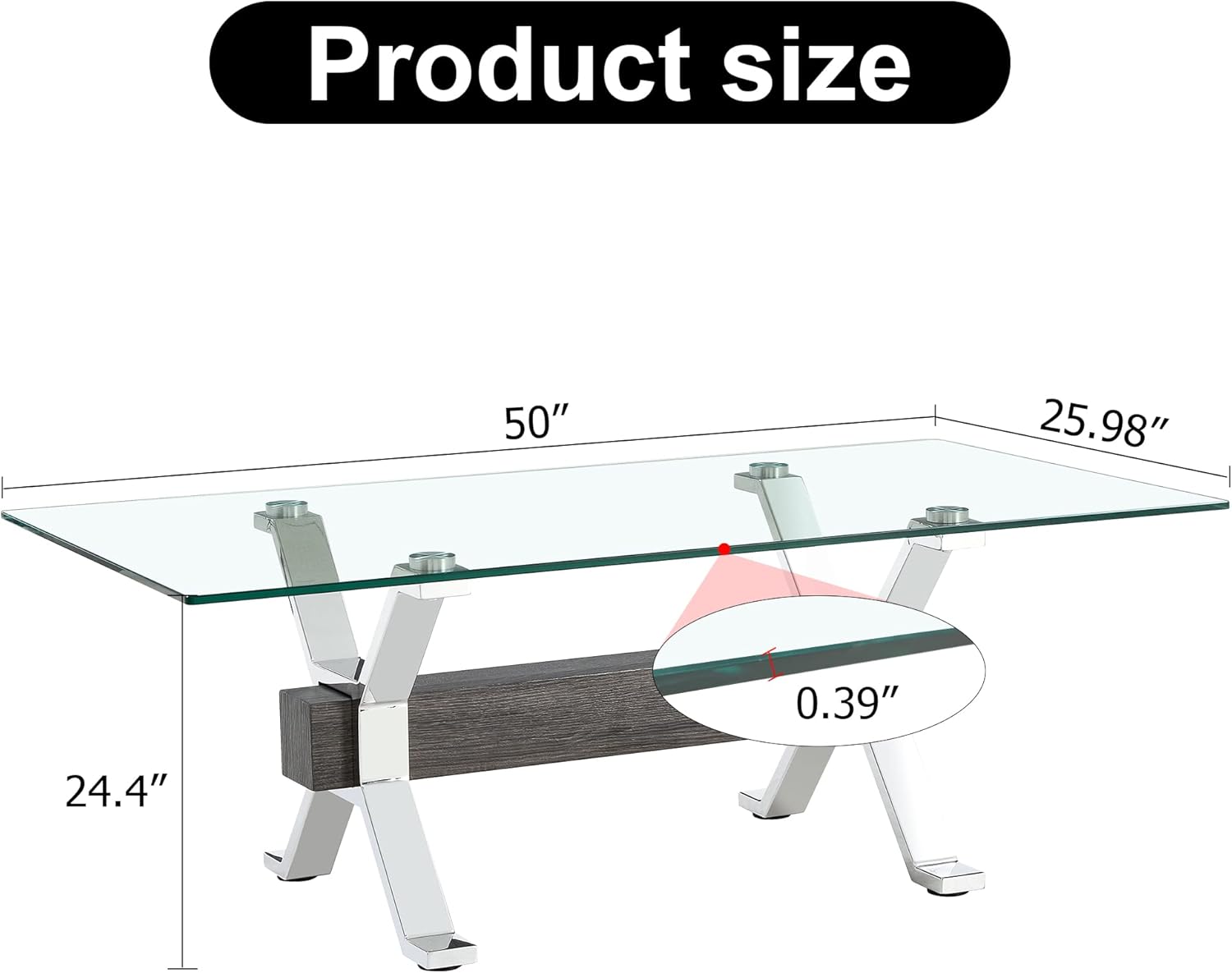 Mesa de centro rectangular transparente moderna, mesa de centro única de vidrio templado con patas de metal plateado y barra transversal de MDF,