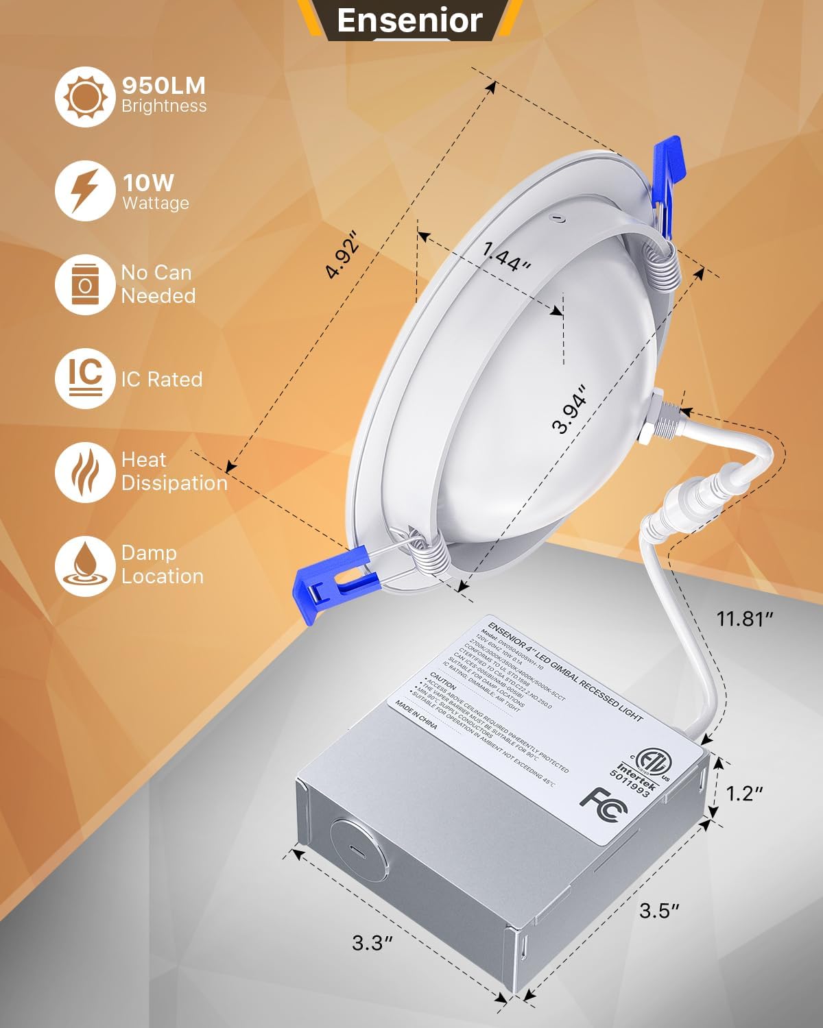 Ensenior Paquete de 4 luces LED empotrables LED de 4 pulgadas 5CCT con caja de conexiones, iluminación ocular direccional ajustable de 360+90,