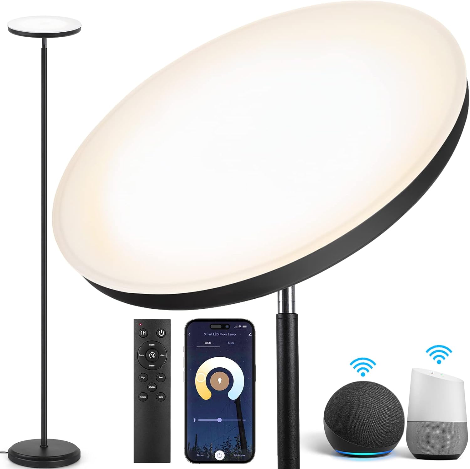 OUTON Lámpara de pie LED inteligente, 30 W3000 lúmenes, regulable, brillante, lámpara de cielo, compatible con Alexa Google Home, control remoto