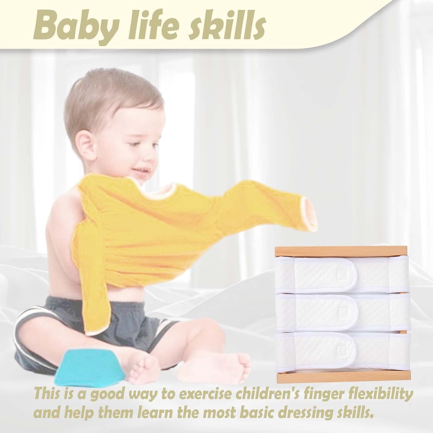 Montessori – Juguetes de madera para vestirse, tabla de aprendizaje para aprender habilidades básicas de vestir botones, broches de presión,