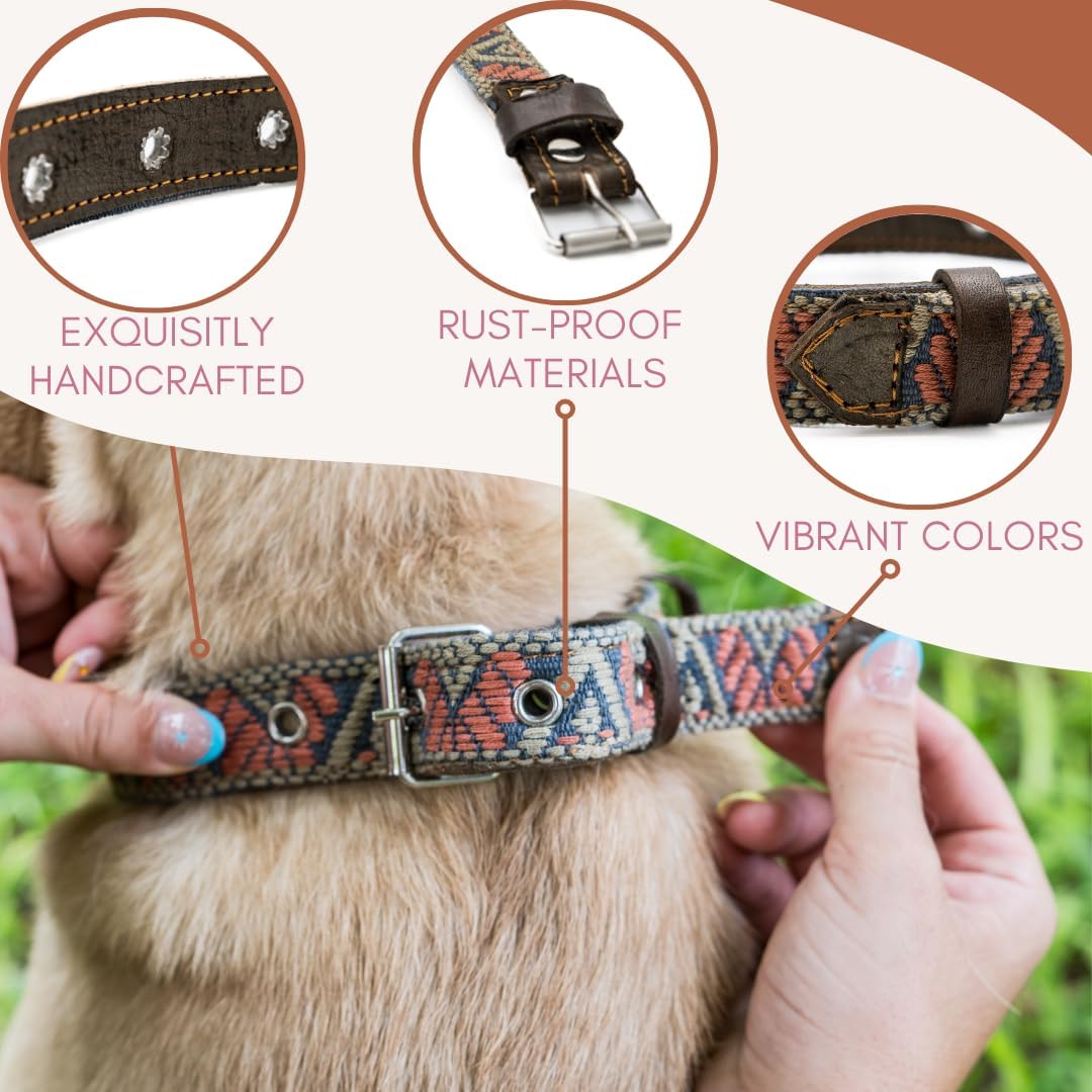 Collar occidental para perros, diseño bordado de cuero para perros pequeños, medianos y grandes, diseño azteca del suroeste para perros machos y