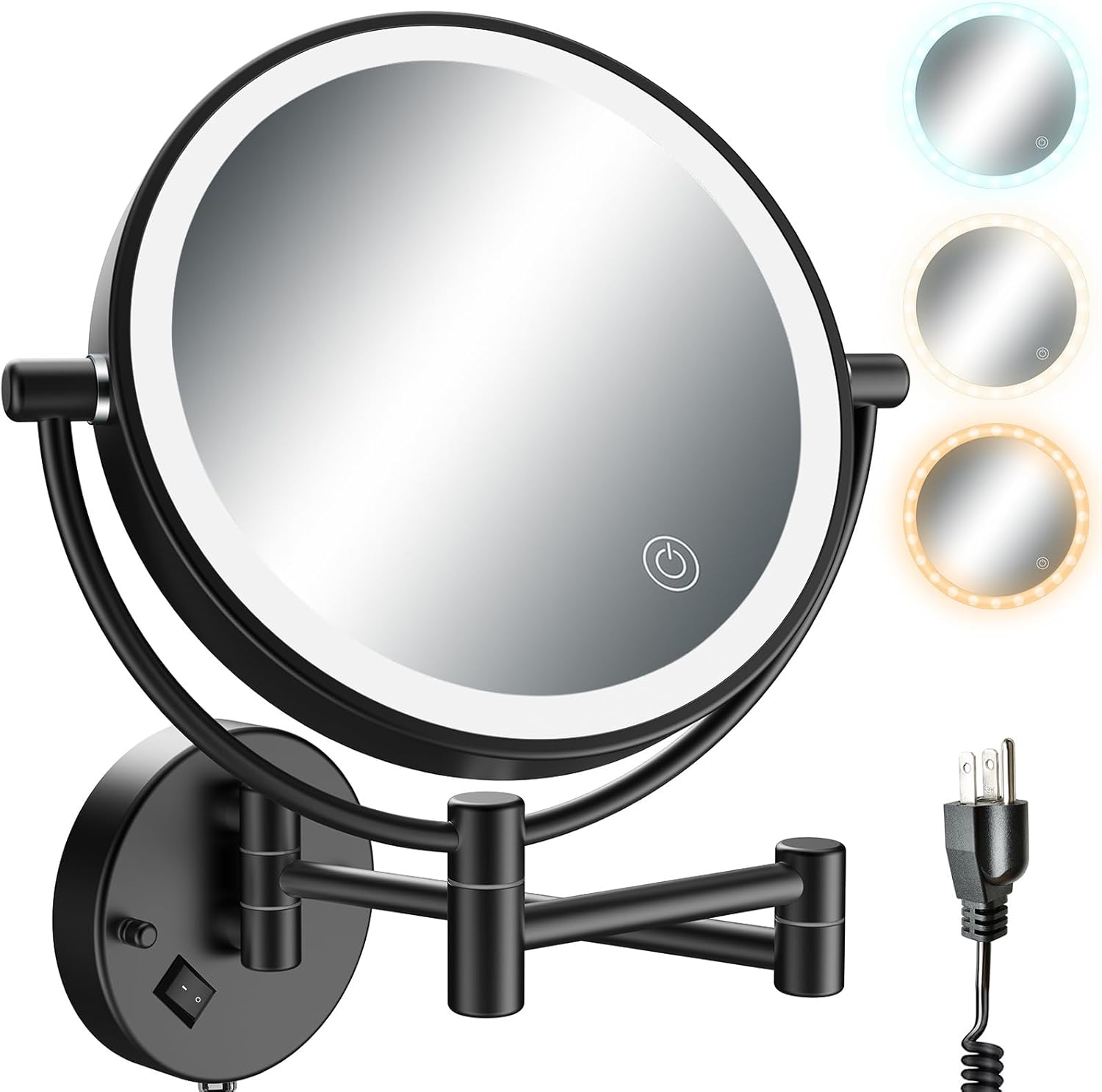 YMHSOLDR Espejo de maquillaje iluminado montado en la pared con 3 luces de color y atenuación continua, espejo cosmético de aumento de doble cara
