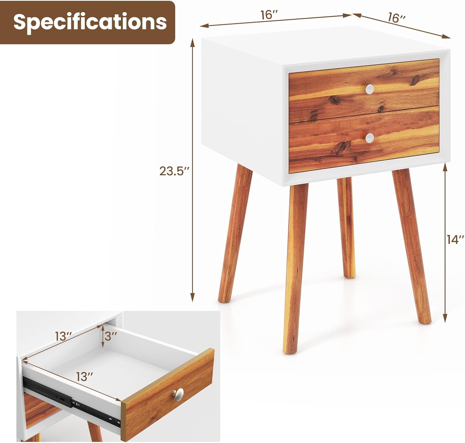 GOFLAME Mesita de noche con 2 cajones, pequeña mesa auxiliar de madera, moderna de mediados de siglo con almacenamiento, mesa auxiliar compacta para