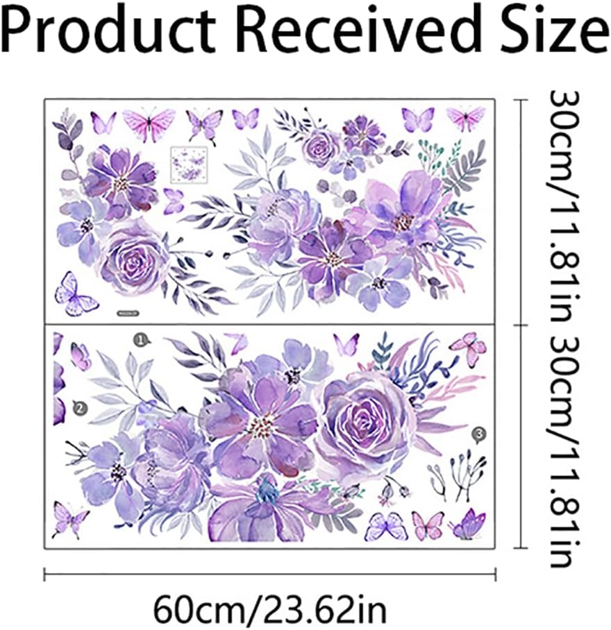 Pegatinas de pared de mariposa de flores moradas, calcomanías de pared florales para dormitorio, sala de estar, cocina, TV, decoración de pared