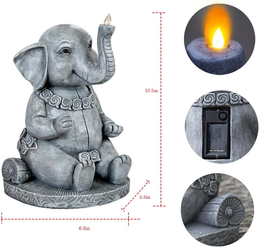 Estatua de elefante, decoración de jardín, escultura solar de jardín grande, figuras de elefante de 10.5 pulgadas, estatuas de jardín para patio