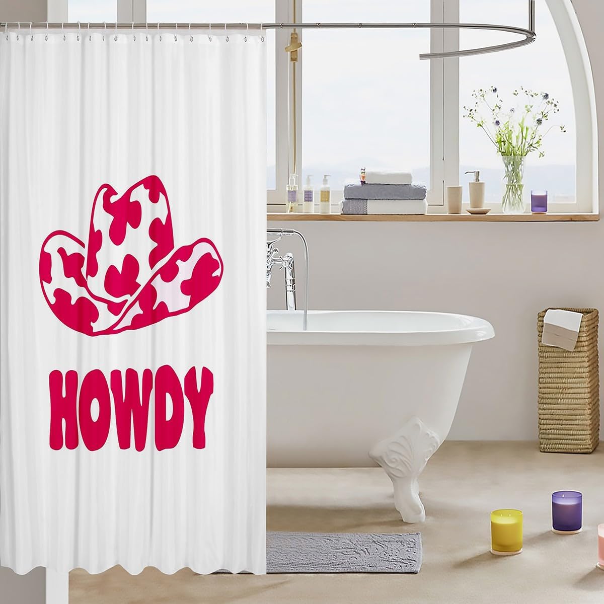 Feelyou Howdy – Cortina de baño estampada con patrón de sombrero occidental para niños, juego de cortina de ducha de vaquera rosa, accesorios de