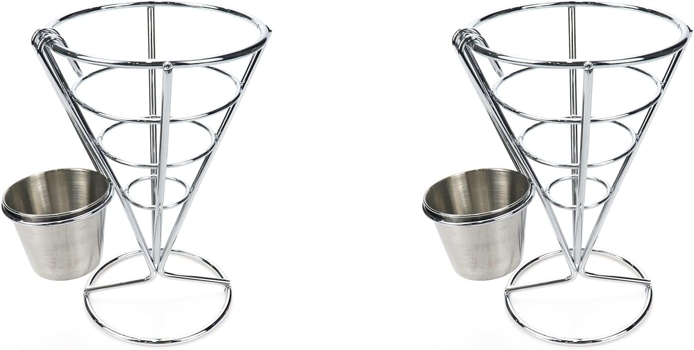 Geesatis Soporte para papas fritas, cesta de cono, soporte de alambre para freír con soporte para salsa, estante de exhibición de bocadillos de