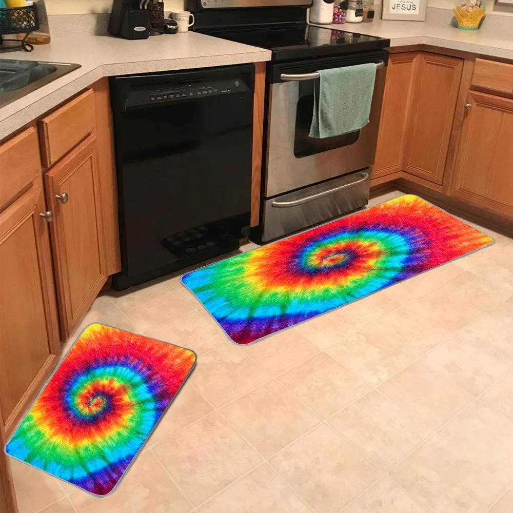 Juego de 2 alfombras de cocina de 17 x 48 pulgadas, 17 x 24 pulgadas, diseño de teñido anudado en espiral, alfombras y tapetes de cocina