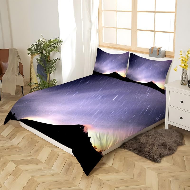 Light Purple Shooting Star Duvet Cover Queen Landscape Print Bedding Sets Queen Soft Microfiber Comforter Cover and 2 Pillow Shams 20″X26″, Bed Set
