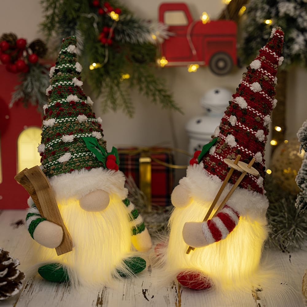 FIALAME Paquete de 2 gnomos de Navidad iluminados para decoración de muñecas de felpa para el hogar, adornos de mesa, muñeca elfo con luces LED,