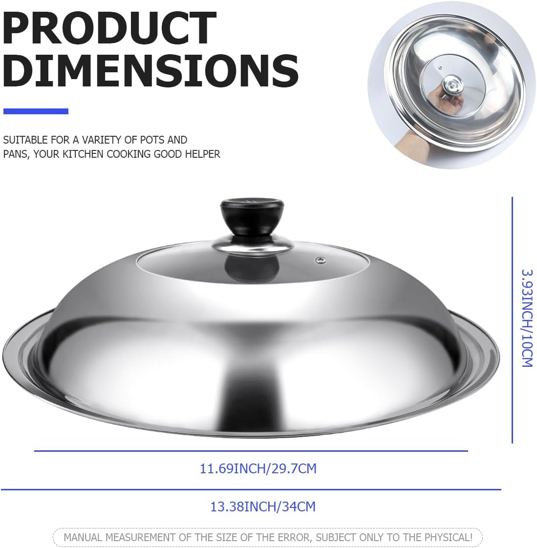 Cubierta de sartén de repuesto de tapa de wok en forma de cúpula de acero inoxidable, cubierta de cacerola, tapa de wok, 13.4 in