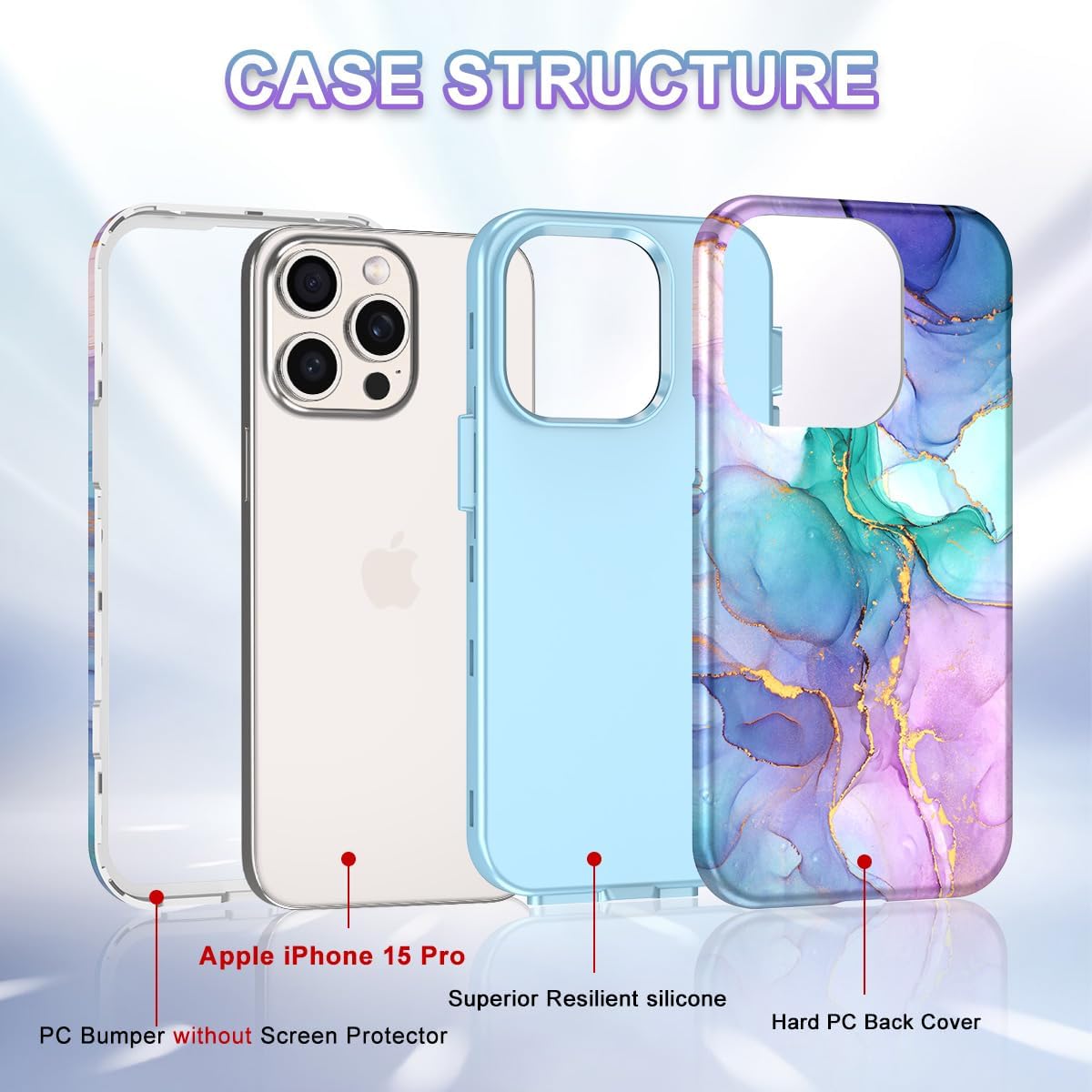 Btscase Funda para iPhone 15 Pro de 6.1 pulgadas (2023), patrón de mármol 3 en 1, resistente a prueba de golpes, cuerpo completo, policarbonato