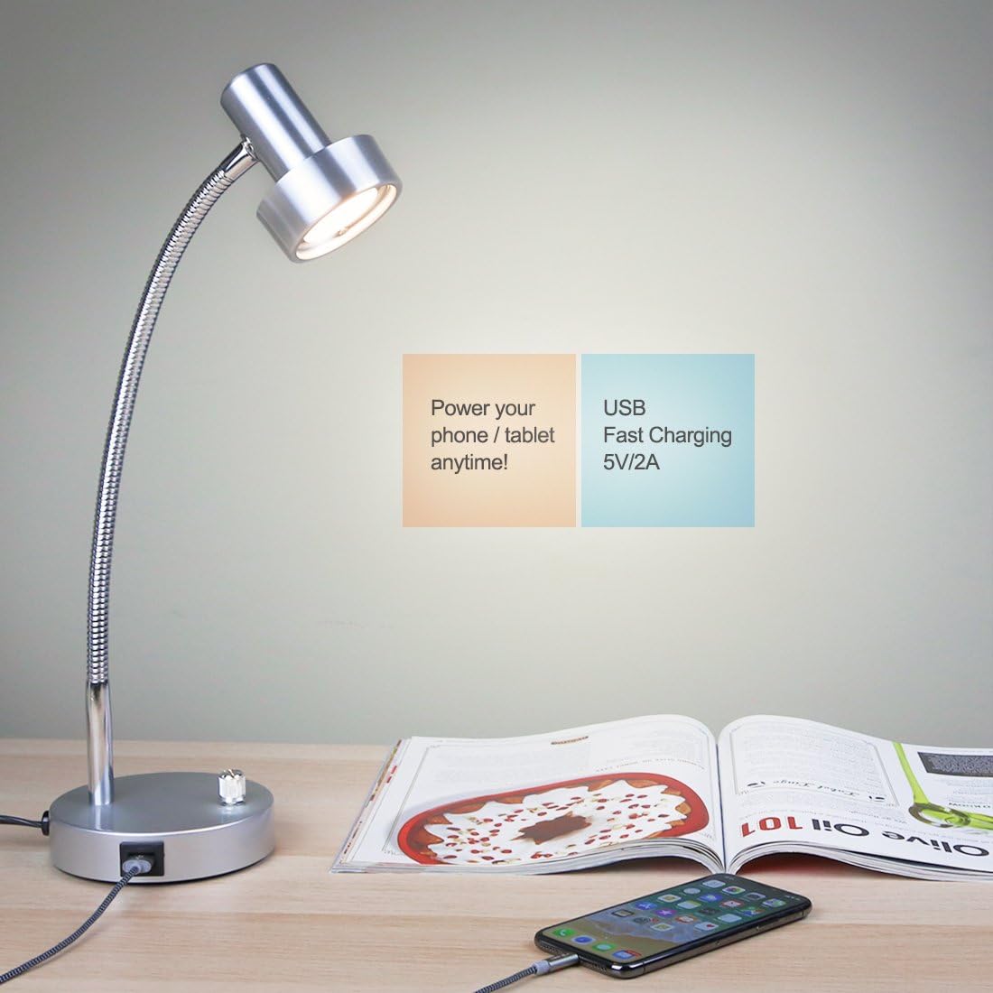 O’Bright Lámpara de escritorio LED regulable con puerto de carga USB (5V2A), LED de atenuación de rango completo, lámpara de mesa con cargador USB,